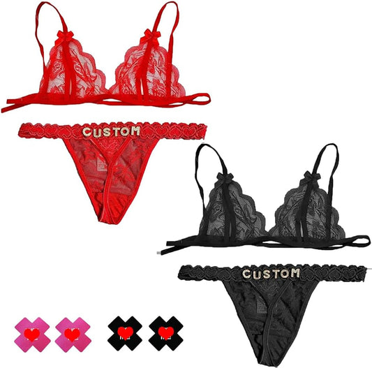 Gorgieousy Custom Name Thong Bra Set - Personalized Thongs & Bra Top G-string, Silvery Golden Rhinestone Letters Underwear, Fashion, White