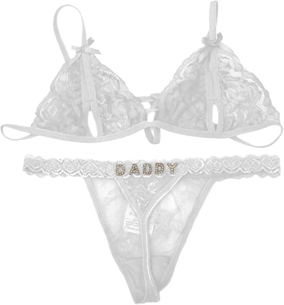 Gorgieousy Custom Name Thong Bra Set - Personalized Thongs & Bra Top G-string, Silvery Golden Rhinestone Letters Underwear, Fashion, White