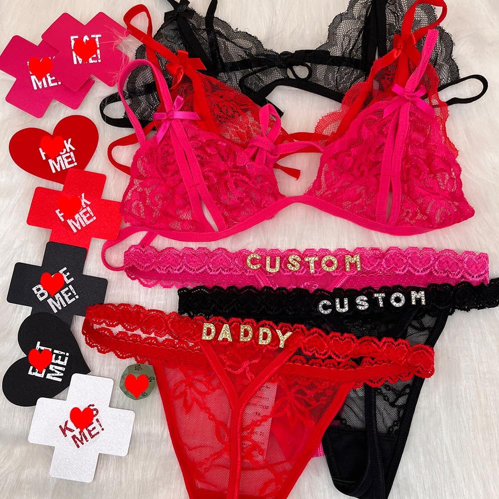 Gorgieousy Custom Name Thong Bra Set - Personalized Thongs & Bra Top G-string, Silvery Golden Rhinestone Letters Underwear, Fashion, White
