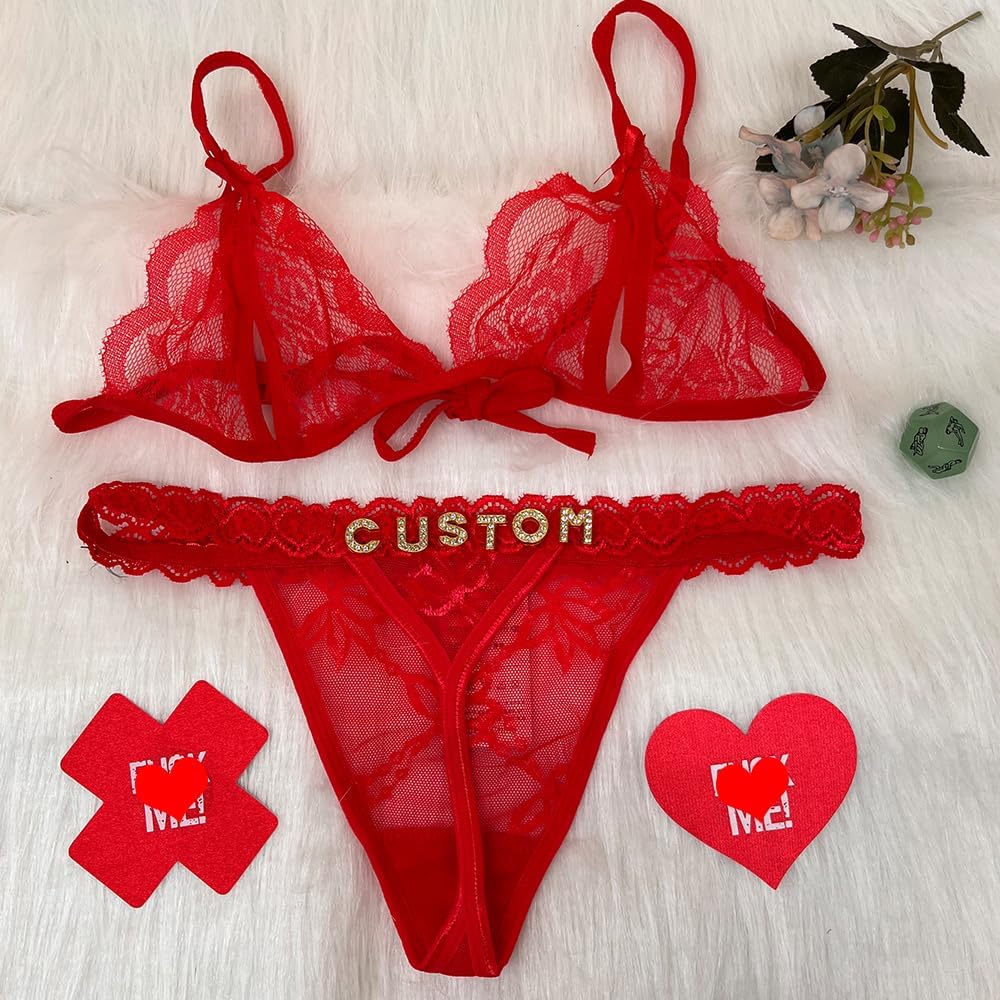 Gorgieousy Custom Name Thong Bra Set - Personalized Thongs & Bra Top G-string, Silvery Golden Rhinestone Letters Underwear, Fashion, White