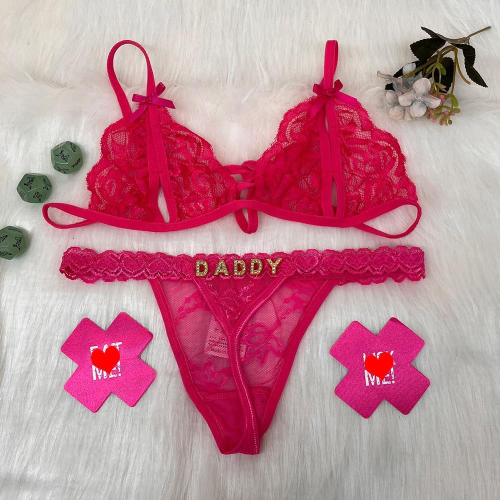 Gorgieousy Custom Name Thong Bra Set - Personalized Thongs & Bra Top G-string, Silvery Golden Rhinestone Letters Underwear, Fashion, White