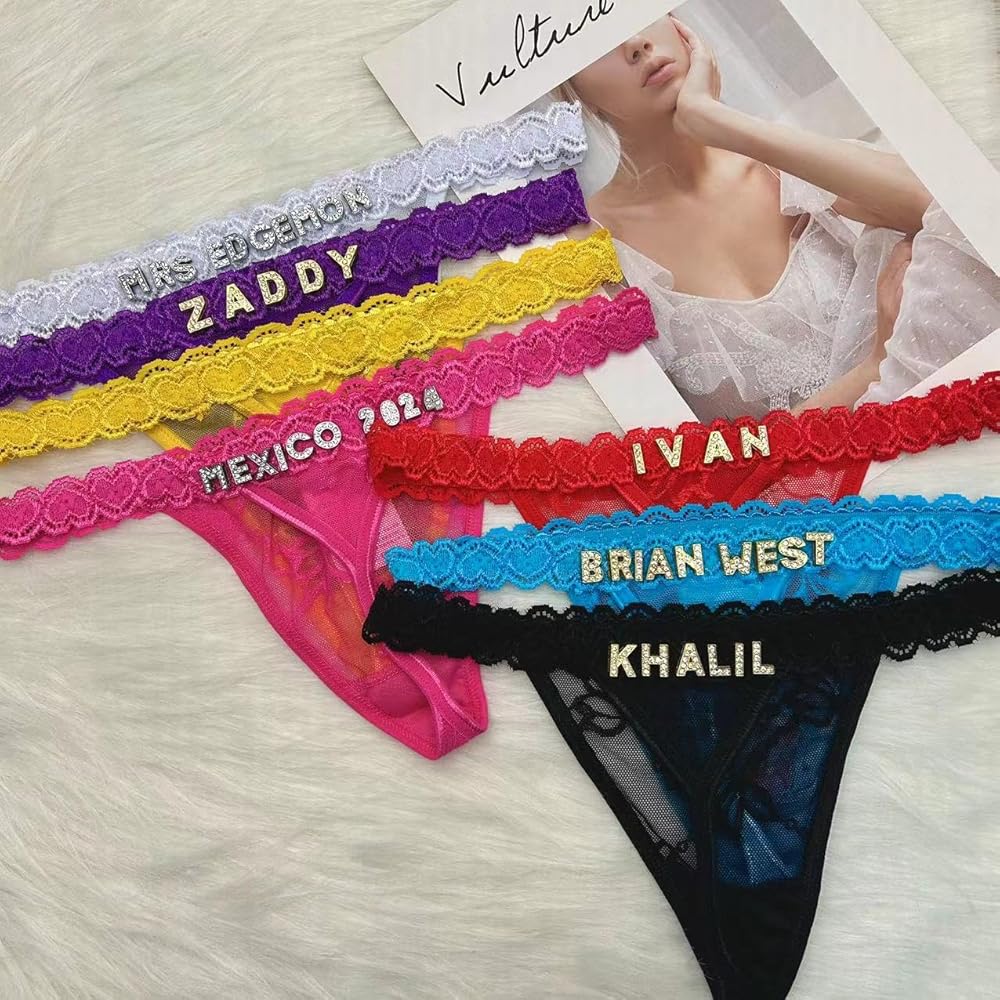 Gorgieousy Custom Name Thong Bra Set - Personalized Thongs & Bra Top G-string, Silvery Golden Rhinestone Letters Underwear, Fashion, White