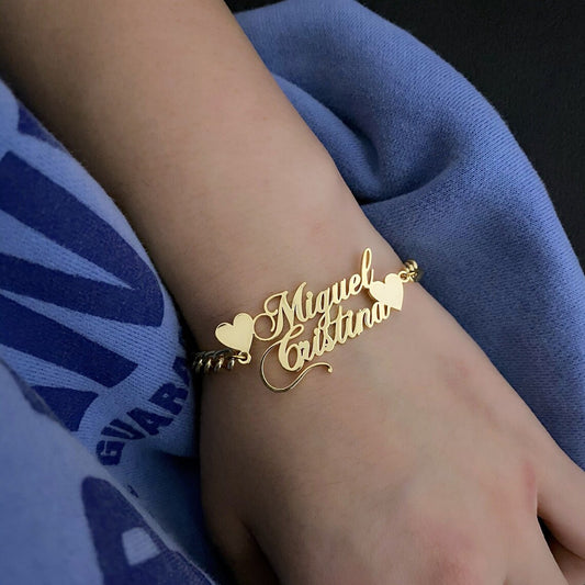 Two Name Bracelet Cuban Chain, Custom Couple Name Necklace