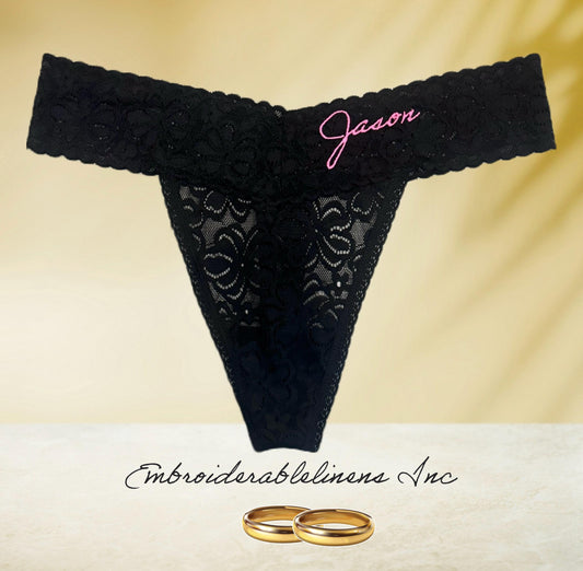 Bride Thong- Bridal Lingerie- Bride Gift- Mrs Panty- Bachelorette Thong- Mrs Thong- Custom Panties- Embroidered Thong- Custom Name & Date.