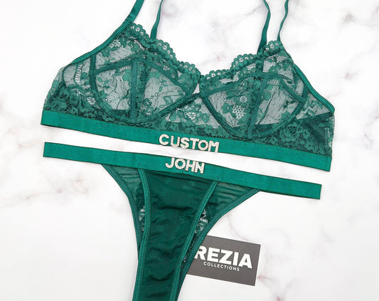 Custom Lingerie Set, Bra and Panty Set, Custom Name Thong, Personalized Thong, Bride Lingerie, Anniversary Gifts for Him